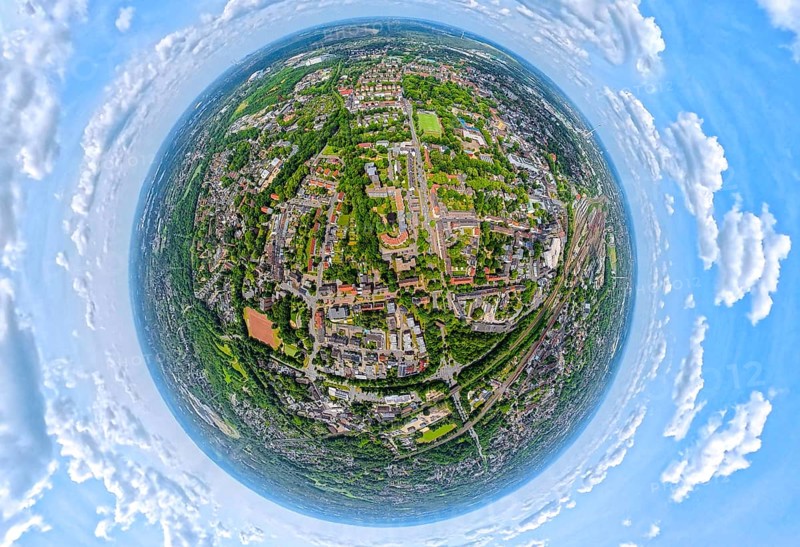 Residential area local view Herne-Eickel at Schlachthofstraße, earth globe, fisheye shot, 360 degree shot, tiny world, little planet, fisheye image, Röhlinghausen, Herne, Ruhr area, North Rhine-Westphalia, Germany, DE, Europe, fisheye lens, fisheye lens, aerial view, aerial photography, aerial photography, super wide angle lens, overview, bird's eye view, birds-eyes view, fisheye lens, insta360 camera, overview