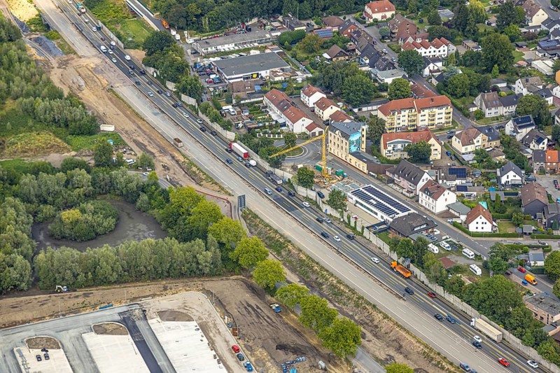 Aerial view, large construction site motorway junction Herne with tunnel construction, motorway A43 between Recklinghausen Emscher- and Rhein-Herne-Kanal overpass and exit Bochum Riehmke, motorway A42, Baukau-West, Herne, Ruhr area, North Rhine-Westphalia, Germany, construction work, construction area, building site, building plots, construction project, building site, Europe, large construction site #Herne #aerial view #aerial photography #aerial photography #aerial photography #North Rhine-Westphalia #North Rhine-Westphalia #Ruhr area #overview #bird perspective