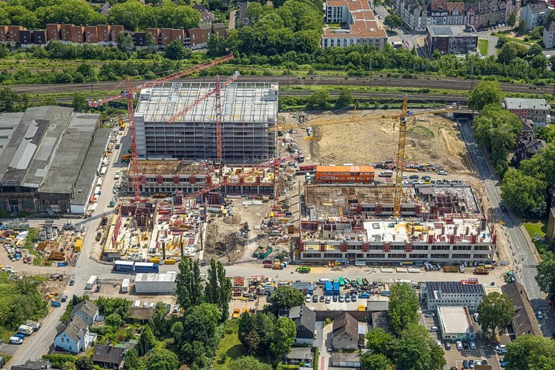 Aerial view, construction site and demolition work for new FunkenbergQuartier between Baumstraße and Fabrikstraße, Baukau, Herne, Ruhr area, North Rhine-Westphalia, Germany, demolition work, workers, architecture, construction work, construction vehicles, construction area, construction site, building plots, construction measure, Baumstraße, construction project, construction site, DE, development, renewal, Europe, Fabrikstraße, progress, Funkenbergquartier, building, site, commercial enterprises, commercial area, commercial area, commercial property, commercial park, commercial site, commercial use, industrial area, industrial site, infrastructure, construction, construction technology, cranes, landscape, aerial view, aerial photography, aerial photography, machinery, modernisation, new construction, planning, projects, redevelopment, city, roads, structure, urban, technology, overview, urban, change, bird's-eye view, destruction, birds-eyes view, overview, HernerechtsderA43