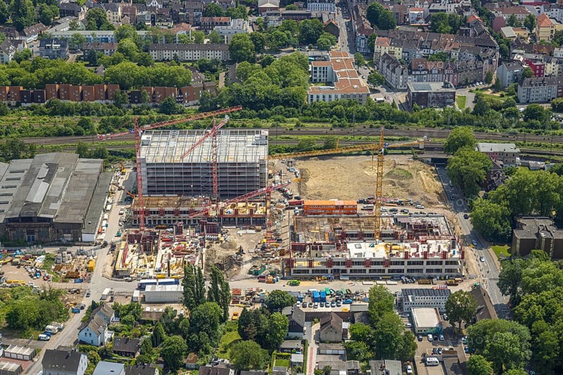 Aerial view, construction site and demolition work for new FunkenbergQuartier between Baumstraße and Fabrikstraße, Baukau, Herne, Ruhr area, North Rhine-Westphalia, Germany, demolition work, workers, architecture, construction work, construction vehicles, construction area, construction site, building plots, construction measure, Baumstraße, construction project, construction site, DE, development, renewal, Europe, Fabrikstraße, progress, Funkenbergquartier, building, site, commercial enterprises, commercial area, commercial area, commercial property, commercial park, commercial site, commercial use, industrial area, industrial site, infrastructure, construction, construction technology, cranes, landscape, aerial view, aerial photography, aerial photography, machinery, modernisation, new construction, planning, projects, redevelopment, city, roads, structure, urban, technology, overview, urban, change, bird's-eye view, destruction, birds-eyes view, overview, HernerechtsderA43