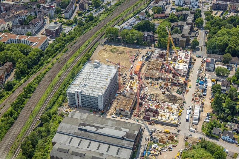 Aerial view, construction site and demolition work for new FunkenbergQuartier between Baumstraße and Fabrikstraße, Baukau, Herne, Ruhr area, North Rhine-Westphalia, Germany, demolition work, workers, architecture, construction work, construction vehicles, construction area, construction site, building plots, construction measure, Baumstraße, construction project, construction site, DE, development, renewal, Europe, Fabrikstraße, progress, Funkenbergquartier, building, site, commercial enterprises, commercial area, commercial area, commercial property, commercial park, commercial site, commercial use, industrial area, industrial site, infrastructure, construction, construction technology, cranes, landscape, aerial view, aerial photography, aerial photography, machinery, modernisation, new construction, planning, projects, redevelopment, city, roads, structure, urban, technology, overview, urban, change, bird's-eye view, destruction, birds-eyes view, overview, HernerechtsderA43