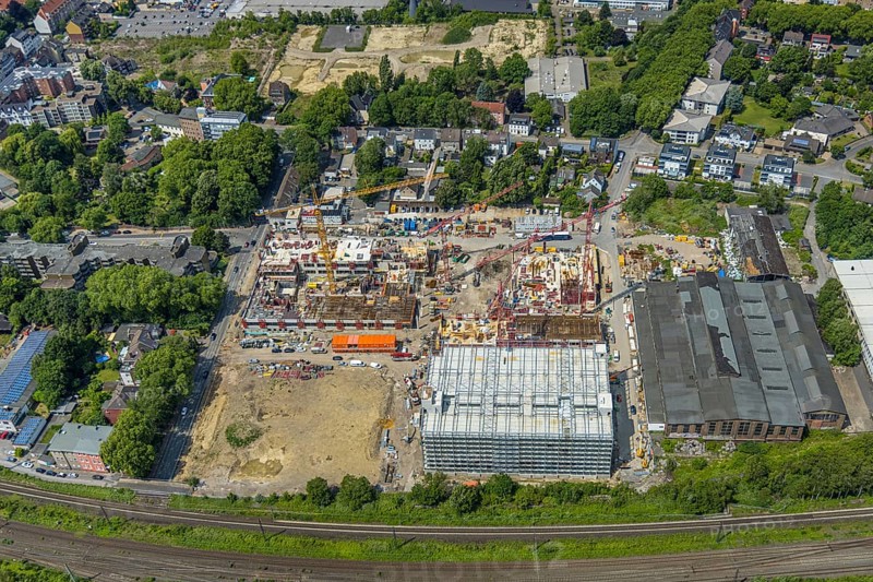 Aerial view, construction site and demolition work for new FunkenbergQuartier between Baumstraße and Fabrikstraße, Baukau, Herne, Ruhr area, North Rhine-Westphalia, Germany, demolition work, workers, architecture, construction work, construction vehicles, construction area, construction site, building plots, construction measure, Baumstraße, construction project, construction site, DE, development, renewal, Europe, Fabrikstraße, progress, Funkenbergquartier, building, site, commercial enterprises, commercial area, commercial area, commercial property, commercial park, commercial site, commercial use, industrial area, industrial site, infrastructure, construction, construction technology, cranes, landscape, aerial view, aerial photography, aerial photography, machinery, modernisation, new construction, planning, projects, redevelopment, city, roads, structure, urban, technology, overview, urban, change, bird's-eye view, destruction, birds-eyes view, overview, HernerechtsderA43