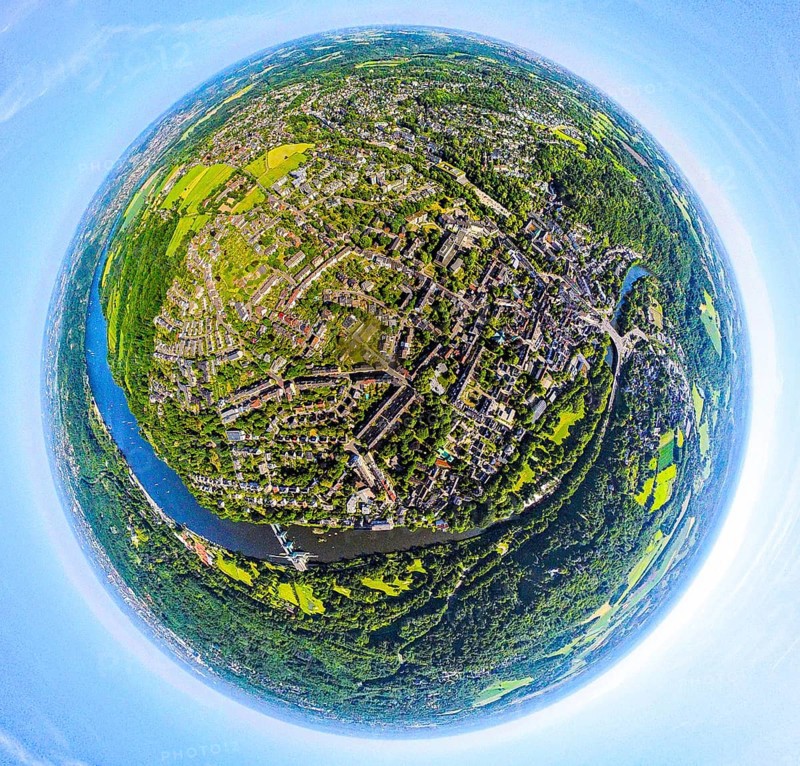 Aerial view, view of Werden district on the Ruhr river, earth globe, fisheye image, 360 degree image, tiny world, little planet, fisheye image, Werden, Essen, Ruhr area, North Rhine-Westphalia, Germany