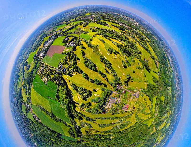 Aerial view, golf course golf club Essen-Heidhausen, forest area Langenhorster forest with meadows and fields, earth globe, fisheye image, 360 degree image, tiny world, little planet, fisheye image, Heidhausen, Essen, Ruhr area, North Rhine-Westphalia, Germany