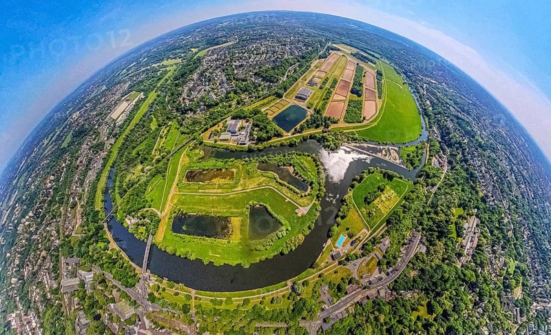 Aerial view, waterworks Wassergewinnung Essen GmbH on the river Ruhr with Ruhrbogen Überruhr, earth globe, fisheye image, 360 degree image, tiny world, little planet, fisheye image, Überruhr-Hinsel, Essen, Ruhr area, North Rhine-Westphalia, Germany