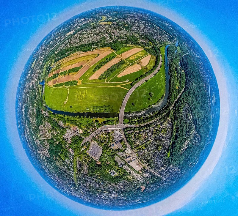 Aerial view, waterworks Wassergewinnung Essen GmbH on the river Ruhr with Ruhrbogen Überruhr, earth globe, fisheye image, 360 degree image, tiny world, little planet, fisheye image, Überruhr-Hinsel, Essen, Ruhr area, North Rhine-Westphalia, Germany