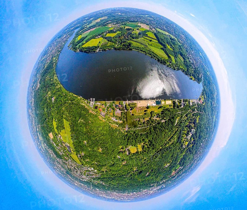Aerial view, Lake Baldeney and Seaside Beach, below city forest, above district Fischlaken meadows and fields, globe, fisheye image, fisheye image, 360 degree image, tiny world, little planet, fisheye image, Bredeney, Essen, Ruhr area, North Rhine-Westphalia, Germany