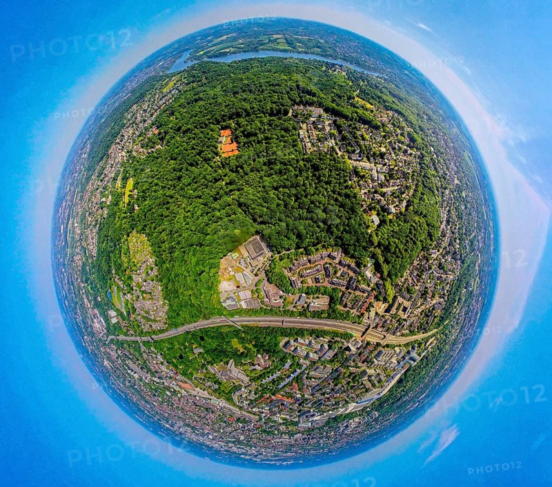Aerial view, city forest between motorway A52 and Lake Baldeney, local recreation area, earth globe, fisheye image, 360 degree image, tiny world, little planet, fisheye image, city forest, Essen, Ruhr area, North Rhine-Westphalia, Germany