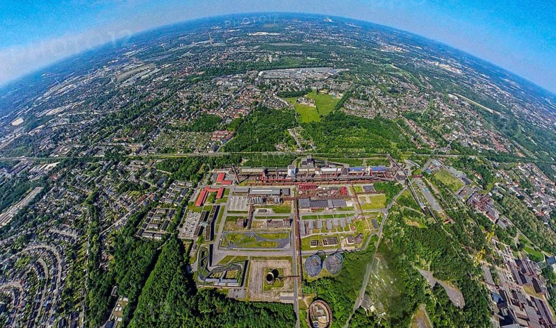 Aerial view, coking plant Zeche Zollverein, UNESCO World Heritage Site, earth globe, fisheye image, 360 degree image, tiny world, little planet, fisheye image, Stoppenberg, Essen, Ruhr area, North Rhine-Westphalia, Germany