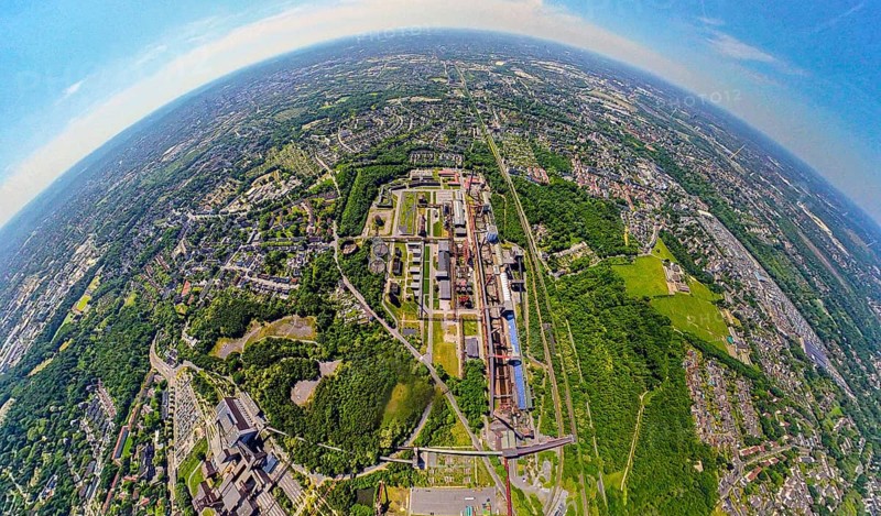 Aerial view, coking plant Zeche Zollverein, UNESCO World Heritage Site, earth globe, fisheye image, 360 degree image, tiny world, little planet, fisheye image, Stoppenberg, Essen, Ruhr area, North Rhine-Westphalia, Germany