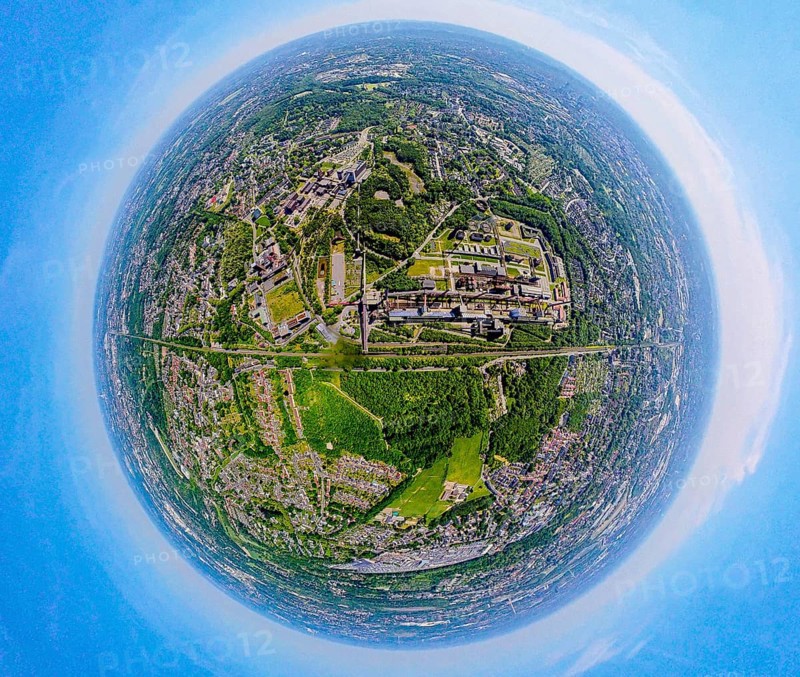 Aerial view, coking plant Zeche Zollverein, UNESCO World Heritage Site, earth globe, fisheye image, 360 degree image, tiny world, little planet, fisheye image, Stoppenberg, Essen, Ruhr area, North Rhine-Westphalia, Germany