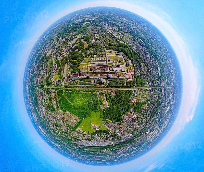 Aerial view, coking plant Zeche Zollverein, UNESCO World Heritage Site, earth globe, fisheye image, 360 degree image, tiny world, little planet, fisheye image, Stoppenberg, Essen, Ruhr area, North Rhine-Westphalia, Germany