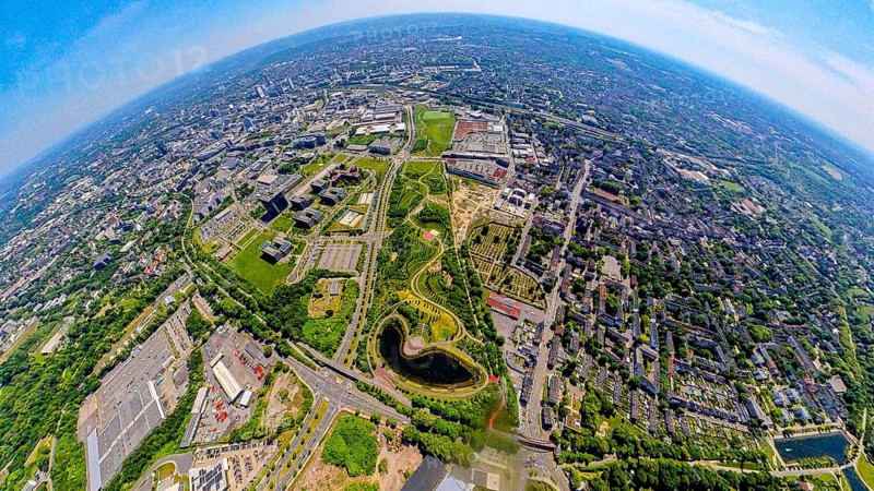Aerial view, ThyssenKrupp headquarters, Krupppark with open-air theatre and lake, globe, fisheye image, 360 degree image, tiny world, little planet, fisheye image, Westviertel, Essen, Ruhr area, North Rhine-Westphalia, Germany