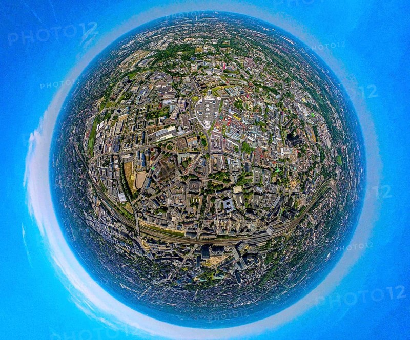 Aerial view, business district city and shopping centre Limbecker Platz, globe, fisheye image, 360 degree image, tiny world, little planet, fisheye image, city centre, Essen, Ruhr area, North Rhine-Westphalia, Germany