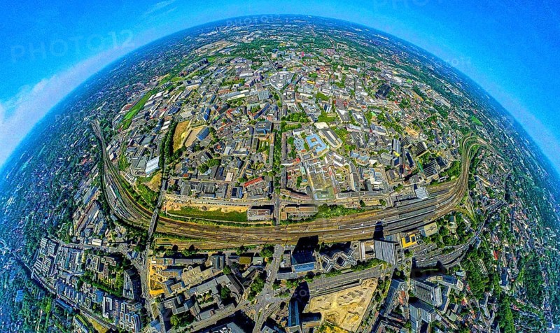 Aerial view, city centre of Essen with central station and Limbecker Platz, below Campus Essen, construction site demolition Ypsilon-Haus of RWE headquarters Essen at Huyssenallee, planned new building for office campus, EON high-rise building and Postbank high-rise building and DB Schenker, earth globe, fisheye image, 360 degree image, tiny world, little planet, fisheye image, city centre, Essen, Ruhr area, North Rhine-Westphalia, Germany