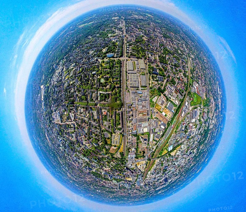 Aerial photo, ETEC Essener Technologie- und Entwicklungs-Centrum GmbH, Kruppstraße on the A40 motorway, earth globe, fisheye image, 360 degree image, tiny world, little planet, fisheye image, Holsterhausen, Essen, Ruhr area, North Rhine-Westphalia, Germany