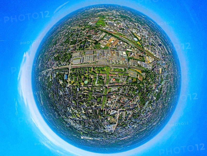Aerial photo, ETEC Essener Technologie- und Entwicklungs-Centrum GmbH, Kruppstraße on the A40 motorway, earth globe, fisheye image, 360 degree image, tiny world, little planet, fisheye image, Holsterhausen, Essen, Ruhr area, North Rhine-Westphalia, Germany