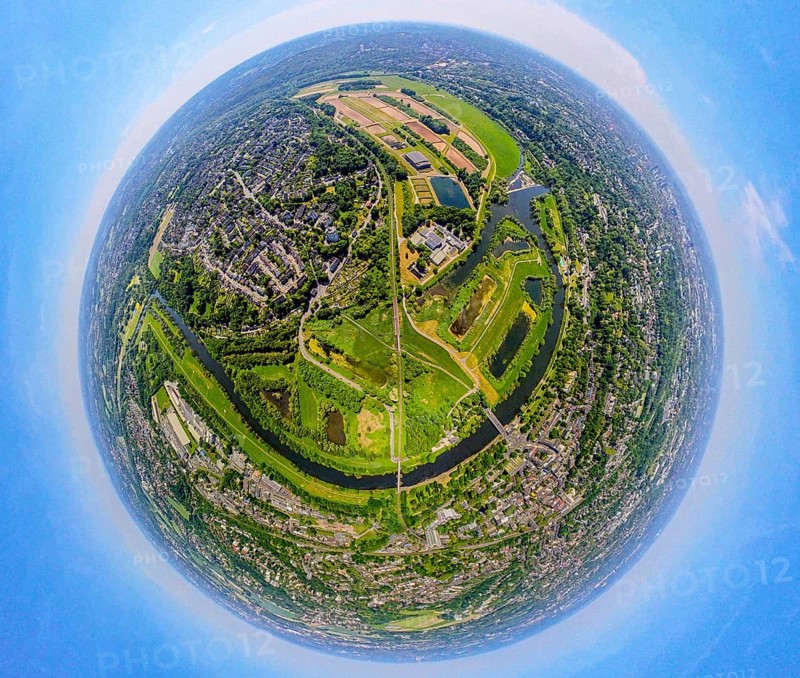 Aerial view, waterworks Wassergewinnung Essen GmbH on the river Ruhr with Ruhrbogen Überruhr, earth globe, fisheye image, 360 degree image, tiny world, little planet, fisheye image, Überruhr-Hinsel, Essen, Ruhr area, North Rhine-Westphalia, Germany