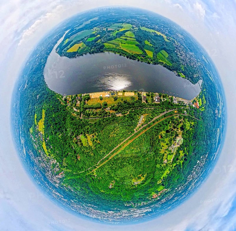 Aerial view, Lake Baldeney with Seaside Beach lido and city forest, Villa Hügel on the right, globe, fisheye image, 360 degree image, tiny world, little planet, fisheye image, Bredeney, Essen, Ruhr area, North Rhine-Westphalia, Germany
