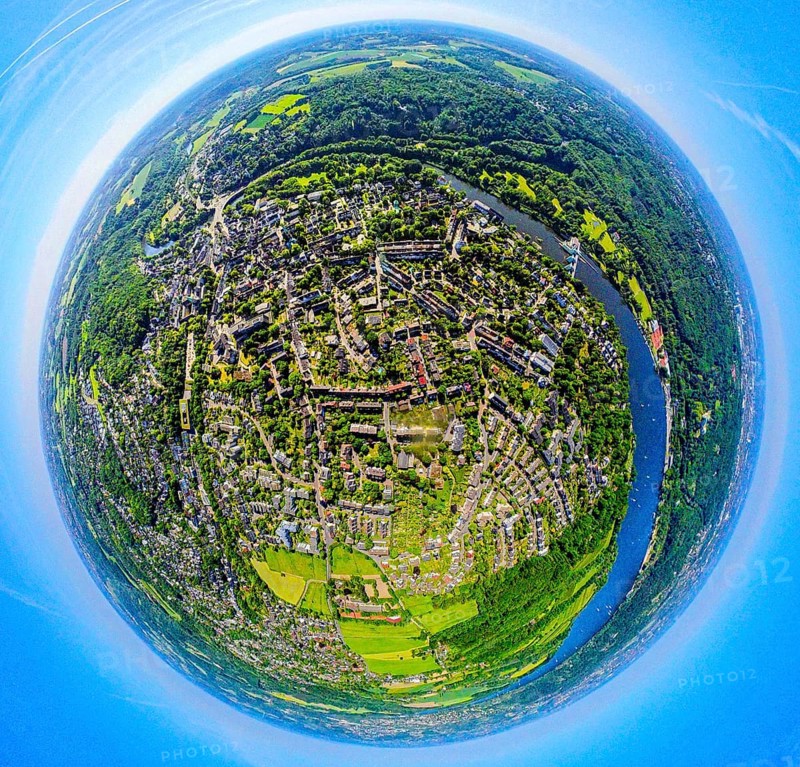 Aerial view, view of Werden district on the Ruhr river, earth globe, fisheye image, 360 degree image, tiny world, little planet, fisheye image, Werden, Essen, Ruhr area, North Rhine-Westphalia, Germany