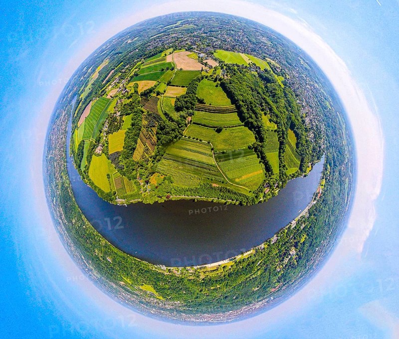 Aerial view, Lake Baldeney and district Fischlaken with Hardenbergufer, meadows and fields, globe, fisheye image, 360 degree image, tiny world, little planet, fisheye image, Fischlaken, Essen, Ruhr area, North Rhine-Westphalia, Germany