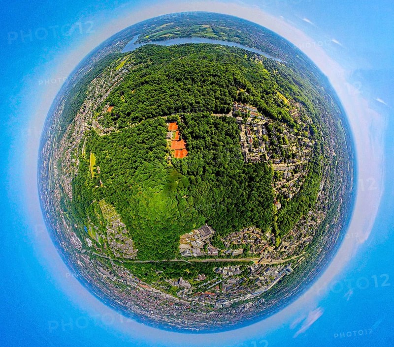 Aerial view, city forest between motorway A52 and Lake Baldeney, local recreation area, earth globe, fisheye image, 360 degree image, tiny world, little planet, fisheye image, city forest, Essen, Ruhr area, North Rhine-Westphalia, Germany