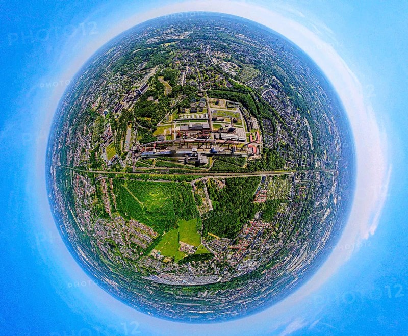 Aerial view, coking plant Zeche Zollverein, UNESCO World Heritage Site, earth globe, fisheye image, 360 degree image, tiny world, little planet, fisheye image, Stoppenberg, Essen, Ruhr area, North Rhine-Westphalia, Germany