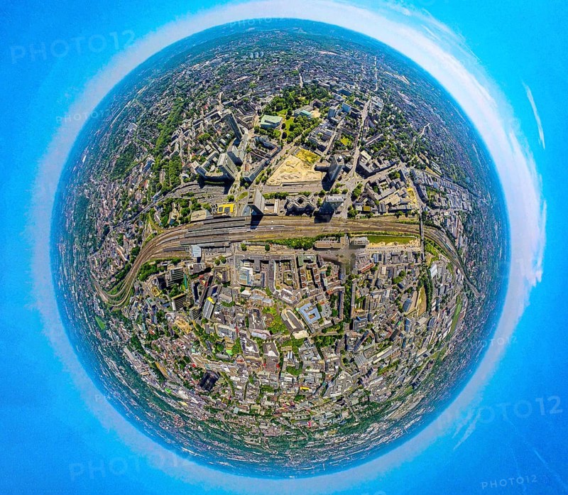 Aerial view, City Essen Mitte with shopping centre Bahnhofstraße, Campus Essen, construction site demolition Ypsilon-Haus of RWE headquarters Essen at Huyssenallee, planned new building for office campus, EON high-rise building and Postbank high-rise building and DB Schenker at main station Hbf, earth globe, fisheye image, 360 degree image, tiny world, little planet, fisheye image, city centre, Essen, Ruhr area, North Rhine-Westphalia, Germany