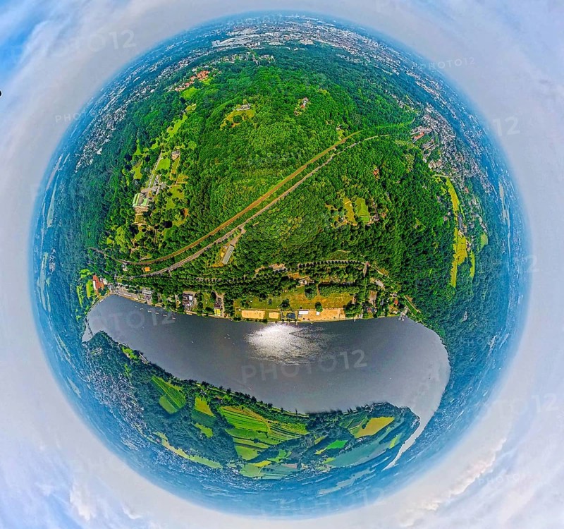 Aerial view, Lake Baldeney with Seaside Beach lido and city forest, Villa Hügel on the left, globe, fisheye image, 360 degree image, tiny world, little planet, fisheye image, Bredeney, Essen, Ruhr area, North Rhine-Westphalia, Germany