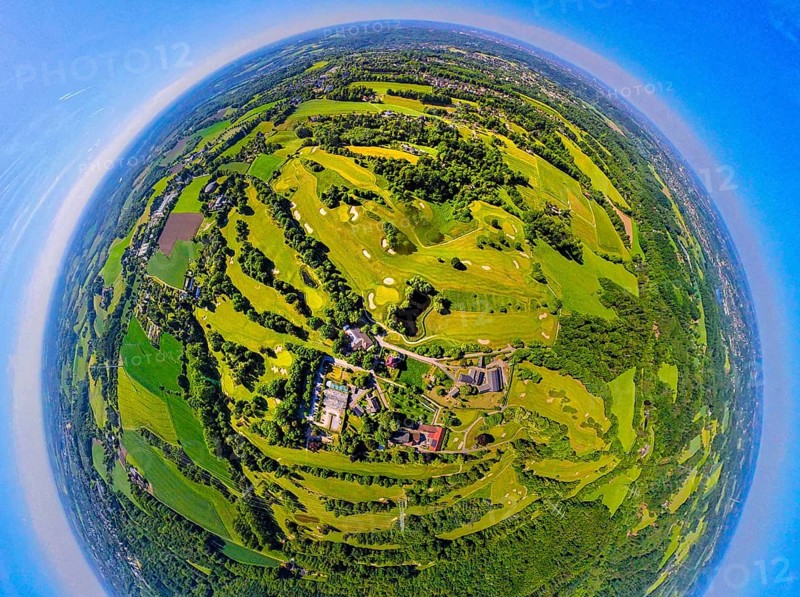 Aerial view, golf course golf club Essen-Heidhausen, forest area Langenhorster forest with meadows and fields, earth globe, fisheye image, 360 degree image, tiny world, little planet, fisheye image, Heidhausen, Essen, Ruhr area, North Rhine-Westphalia, Germany