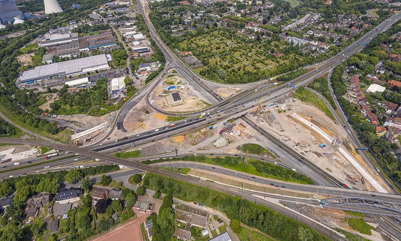 Aerial view, large construction site motorway junction Herne with tunnel construction, motorway A43 and motorway A42, Baukau-West, Herne, Ruhr area, North Rhine-Westphalia, Germany, construction work, construction area, construction site, building site, construction project, construction site, DE, Europe, large construction site, aerial view, aerial photography, aerial photography, overview, bird's-eye view, overview, linksderA43, HernelinksderA43
