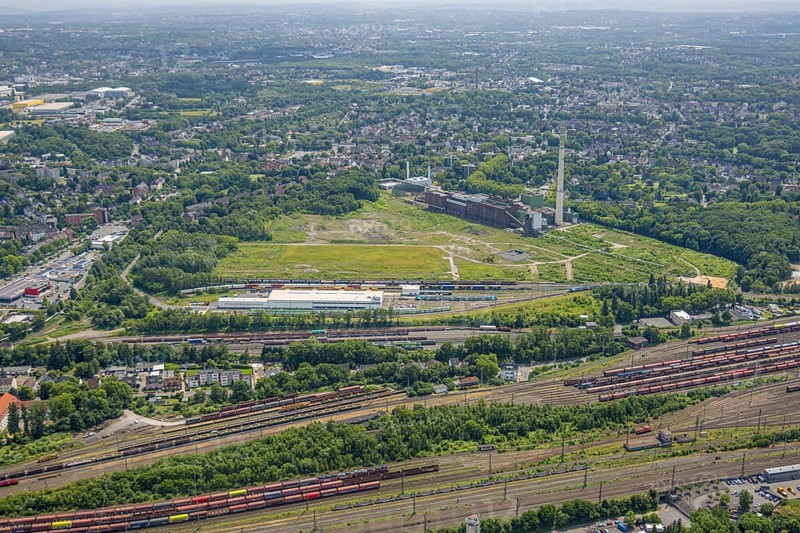 Aerial view, former Uniper power plant Shamrock, open space and construction site, former mine site General Blumenthal, Wanne-Süd, Herne, Ruhr area, North Rhine-Westphalia, Germany, architecture, exterior view, construction work, construction area, building site, building plots, construction measure, construction project, construction site, mine site, DE, energy, development, Europe, distant view, open space, building, site, General Blumenthal, history, industry, industrial history, infrastructure, landscape, aerial view, aerial photography, aerial photography, modernisation, site view, perspective, reconstruction, Shamrock, town, structure, overview, Uniper power plant, bird's-eye view, birds-eyes view, overview, linksderA43, HernelinksderA43