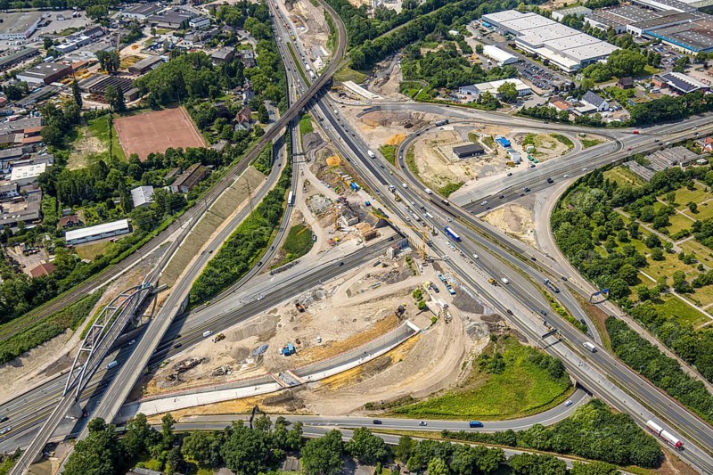 Aerial view, large construction site motorway junction Herne with tunnel construction, motorway A43 and motorway A42, Baukau-West, Herne, Ruhr area, North Rhine-Westphalia, Germany, construction work, construction area, construction site, building site, construction project, construction site, DE, Europe, large construction site, aerial view, aerial photography, aerial photography, overview, bird's-eye view, overview, linksderA43, HernelinksderA43