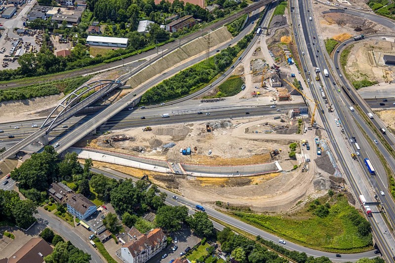 Aerial view, large construction site motorway junction Herne with tunnel construction, motorway A43 and motorway A42, Baukau-West, Herne, Ruhr area, North Rhine-Westphalia, Germany, construction work, construction area, construction site, building site, construction project, construction site, DE, Europe, large construction site, aerial view, aerial photography, aerial photography, overview, bird's-eye view, overview, linksderA43, HernelinksderA43