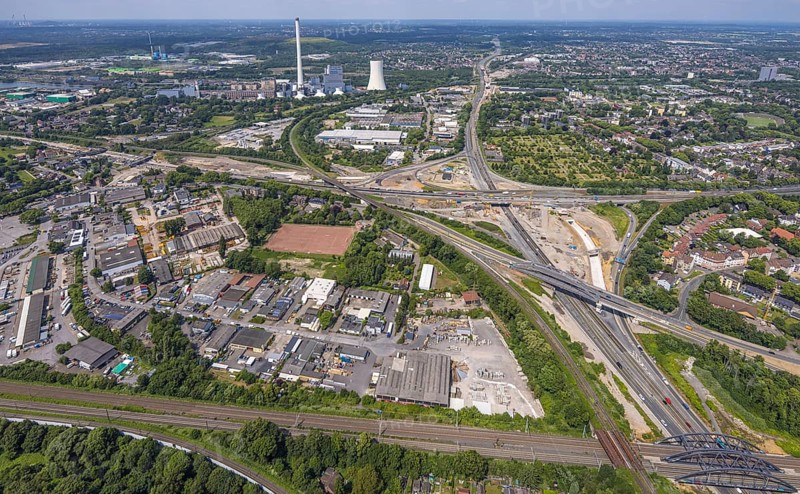 Aerial view, large construction site motorway junction Herne with tunnel construction, motorway A43 and motorway A42, behind the STEAG cogeneration plant Herne, Baukau-West, Herne, Ruhr area, North Rhine-Westphalia, Germany, construction work, construction area, building site, building plots, construction project, construction site, DE, Europe, large construction site, aerial view, aerial photography, aerial photography, overview, bird's-eye view, overview, linksderA43, HernelinksderA43