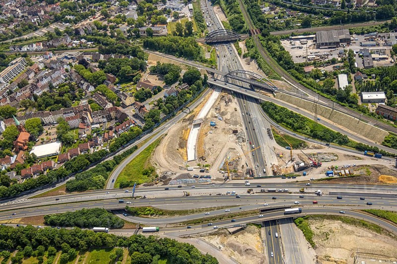 Aerial view, large construction site motorway junction Herne with tunnel construction, motorway A43 and motorway A42, Baukau-West, Herne, Ruhr area, North Rhine-Westphalia, Germany, construction work, construction area, construction site, building site, construction project, construction site, DE, Europe, large construction site, aerial view, aerial photography, aerial photography, overview, bird's-eye view, overview, linksderA43, HernelinksderA43