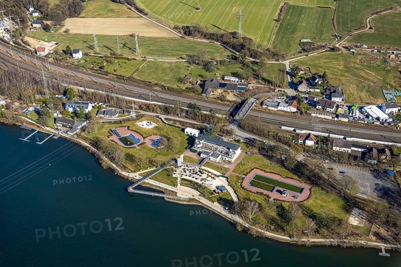 Aerial view, Strandhaus Salitos Beach Hengsteysee Beach Club on the southern shore of Hengstey, outdoor pool, Herdecke, Ruhr area, North Rhine-Westphalia, Germany
