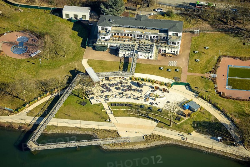 Aerial view, Strandhaus Salitos Beach Hengsteysee Beach Club on the southern shore of Hengstey, Herdecke, Ruhr area, North Rhine-Westphalia, Germany