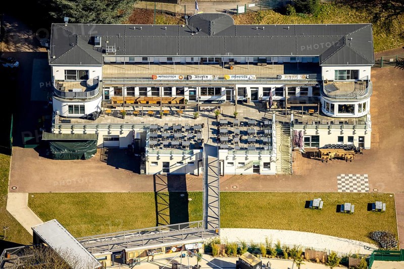 Aerial view, Strandhaus Salitos Beach Hengsteysee Beach Club on the southern shore of Hengstey, Herdecke, Ruhr area, North Rhine-Westphalia, Germany