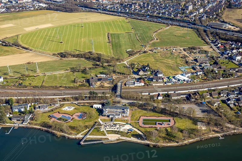 Aerial view, Strandhaus Salitos Beach Hengsteysee Beach Club on the southern shore of Hengstey, outdoor pool, Herdecke, Ruhr area, North Rhine-Westphalia, Germany