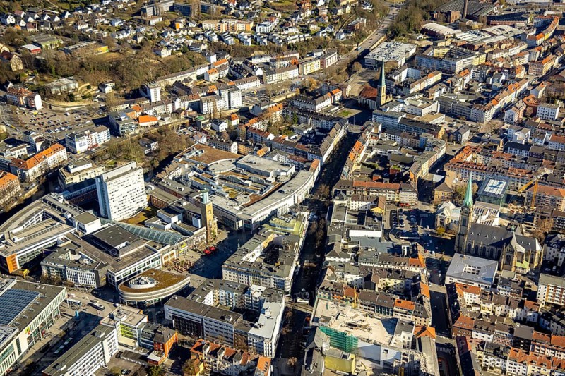 Aerial view, city centre with Rathaus Galerie, pedestrian zone Rathauspassage, medium-sized town, Hagen, Ruhr area, North Rhine-Westphalia, Germany