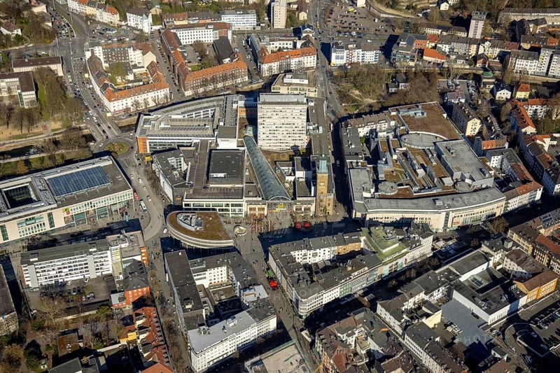 Aerial view, city centre with Rathaus Galerie, pedestrian zone Rathauspassage, medium-sized town, Hagen, Ruhr area, North Rhine-Westphalia, Germany