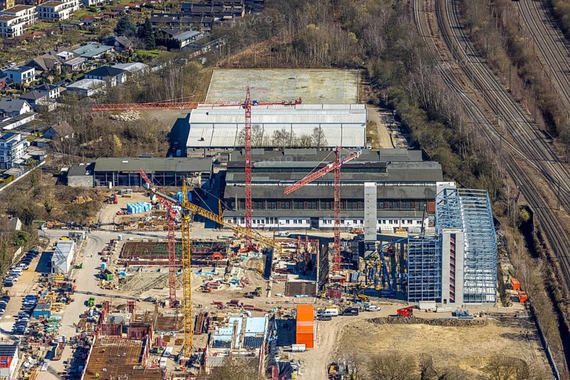Aerial view, construction site and demolition work for new FunkenbergQuartier between Baumstraße and Fabrikstraße, Baukau, Herne, Ruhr area, North Rhine-Westphalia, Germany, demolition work, workers, architecture, construction work, construction vehicles, Baumstraße, construction site, DE, development, renewal, Europe, Fabrikstraße, progress, Funkenbergquartier, building, site, commercial area, industrial area, infrastructure, construction, construction technology, cranes, landscape, aerial view, aerial photography, aerial photography, machinery, modernisation, new construction, planning, projects, redevelopment, city, streets, structure, urban, technology, overview, urban, change, bird's-eye view, destruction, birds-eyes view, overview