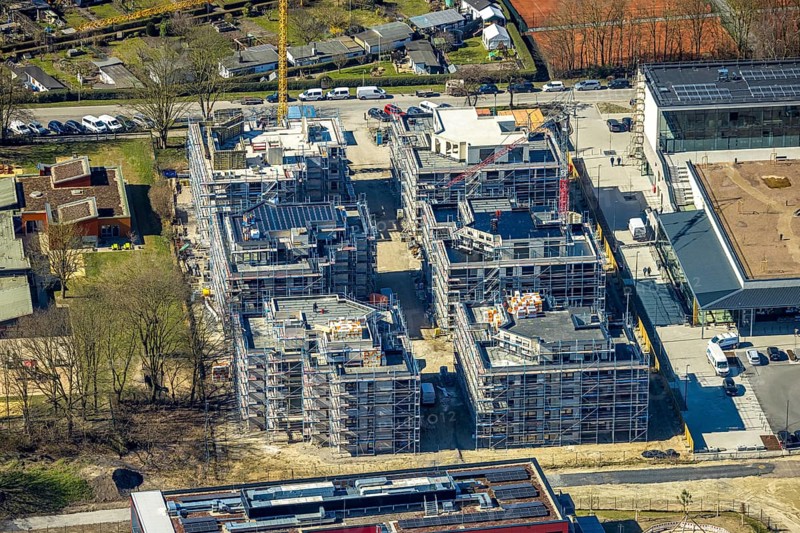 Aerial view, Kaiserquartier Herne, construction site with new construction of a residential complex and housing estate, Lackmanns Hof kindergarten and high-rise residential estate, Baukau, Herne, Ruhr area, North Rhine-Westphalia, Germany, architecture, construction work, construction site, DE, development, Europe, progress, building, high-rise building, infrastructure, Kaiserquartier, kindergarten, daycare centre, complex, construction, Lackmanns Hof, aerial view, aerial photography, aerial photography, new construction, new buildings, perspective, region, settlement, sport, city, urban development, urban planning, tennis, tennis facility, tennis courts, tennis club, overview, urban, bird's-eye view, residential complex, residential building, residential estate, birds-eyes view, modern, overview