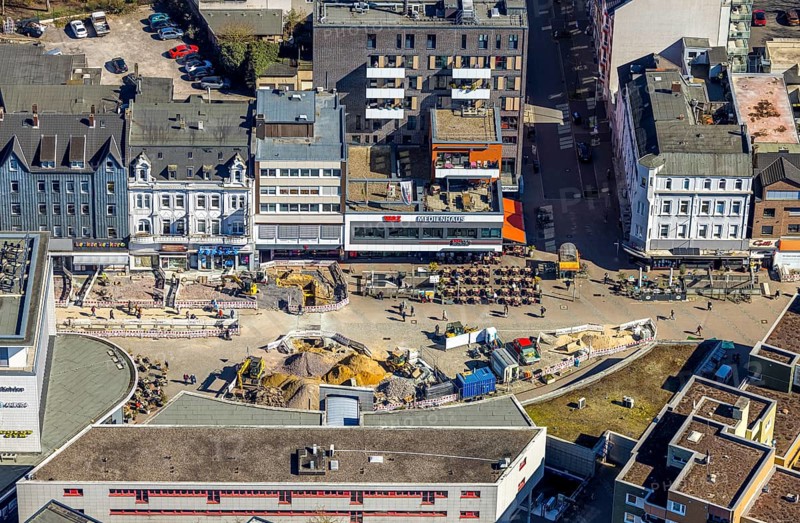 Aerial view, WAZ Medienhaus am Robert-Brauner-Platz, Cafe Extrablatt and construction site, Herne-Mitte, Herne, Ruhr area, North Rhine-Westphalia, Germany, outdoor catering, DE, Europe, aerial view, aerial photography, aerial photography, media house, overview, publishing house, bird's eye view, birds-eyes view, overview