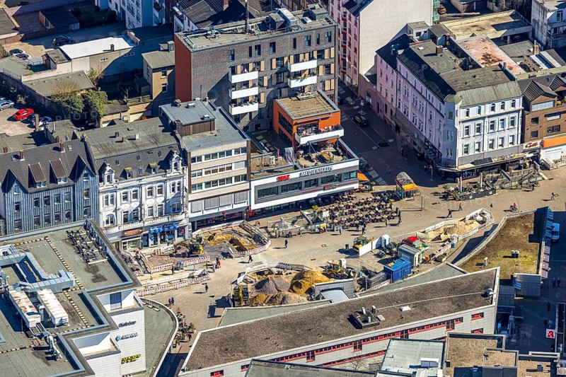 Aerial view, WAZ Medienhaus am Robert-Brauner-Platz, Cafe Extrablatt and construction site, Herne-Mitte, Herne, Ruhr area, North Rhine-Westphalia, Germany, outdoor catering, DE, Europe, aerial view, aerial photography, aerial photography, media house, overview, publishing house, bird's eye view, birds-eyes view, overview