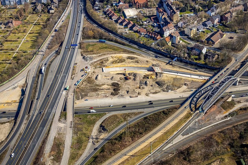 Aerial view, construction site motorway junction Herne, motorway A43 and motorway A42, Baukau-West, Herne, Ruhr area, North Rhine-Westphalia, Germany, motorway, motorway junction, construction work, construction area, construction site, building site, construction project, construction site, DE, Europe, aerial view, aerial photography, aerial photography, road tunnel, road traffic, overview, connecting tunnel, bird's-eye view, overview