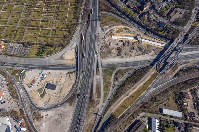 Aerial view, construction site motorway junction Herne, motorway A43 and motorway A42, Baukau-West, Herne, Ruhr area, North Rhine-Westphalia, Germany, motorway, motorway junction, construction work, construction area, construction site, building site, construction project, construction site, DE, Europe, aerial view, aerial photography, aerial photography, road tunnel, road traffic, overview, connecting tunnel, bird's-eye view, overview