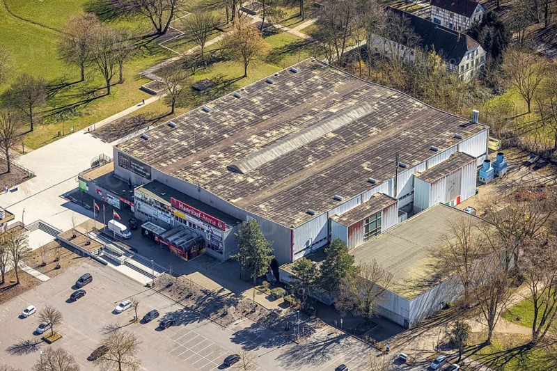 Aerial view, Hannibal Arena in Revierpark Gysenberg, ice rink, Börnig, Herne, Ruhr area, North Rhine-Westphalia, Germany, DE, ice rink, ice sports, Europe, Herne-East, aerial view, aerial photography, aerial photography, sports, overview, bird's-eye view, overview