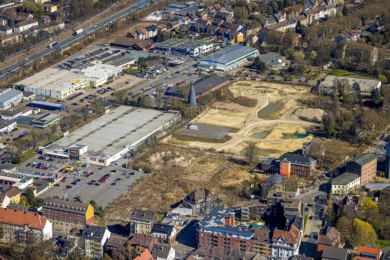 Aerial view, industrial estate Roonstraße with fallow land site of the former screw factory Knipping Dorn, Baukau, Herne, Ruhr area, North Rhine-Westphalia, Germany, construction work, construction area, building site, building plots, construction project, construction site, DE, Europe, aerial view, aerial photography, aerial photography, new building, overview, bird's-eye view, overview